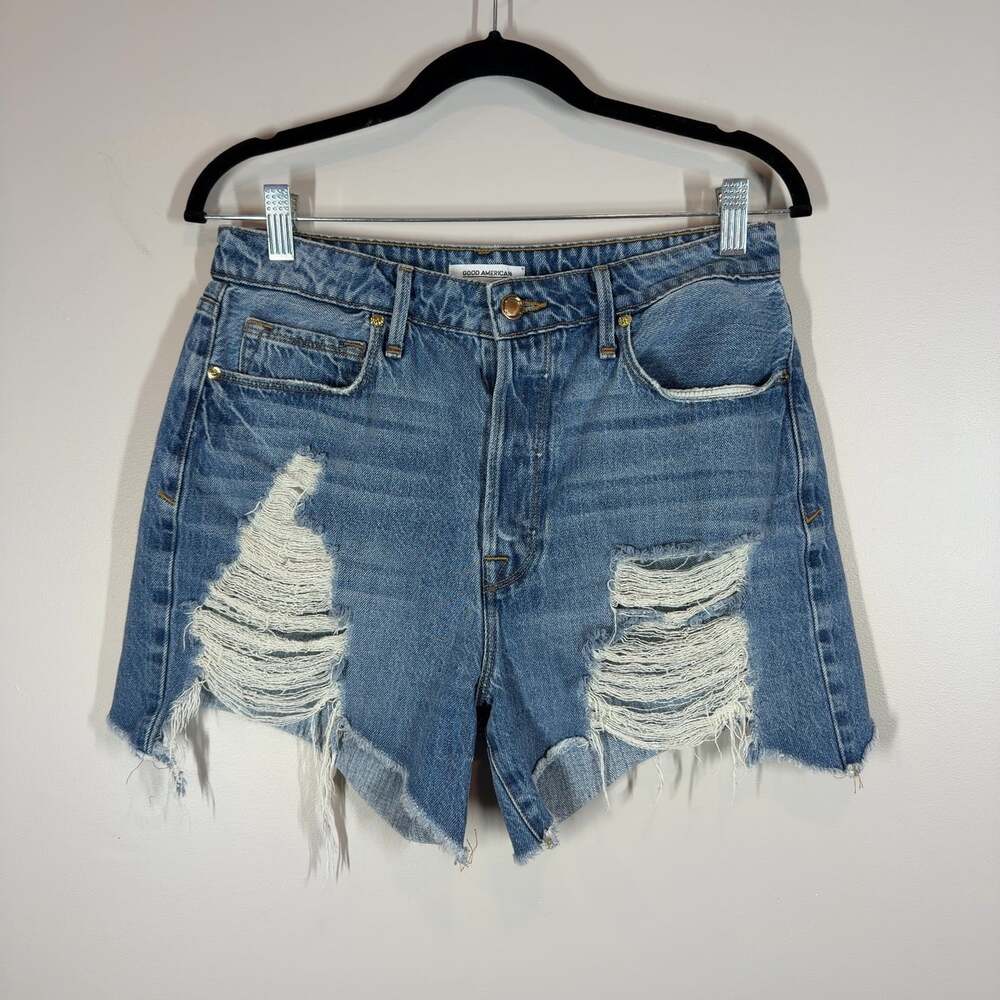 Good American Distressed Denim Shorts Women's Size 4 27 Raw Hem Blue Ripped